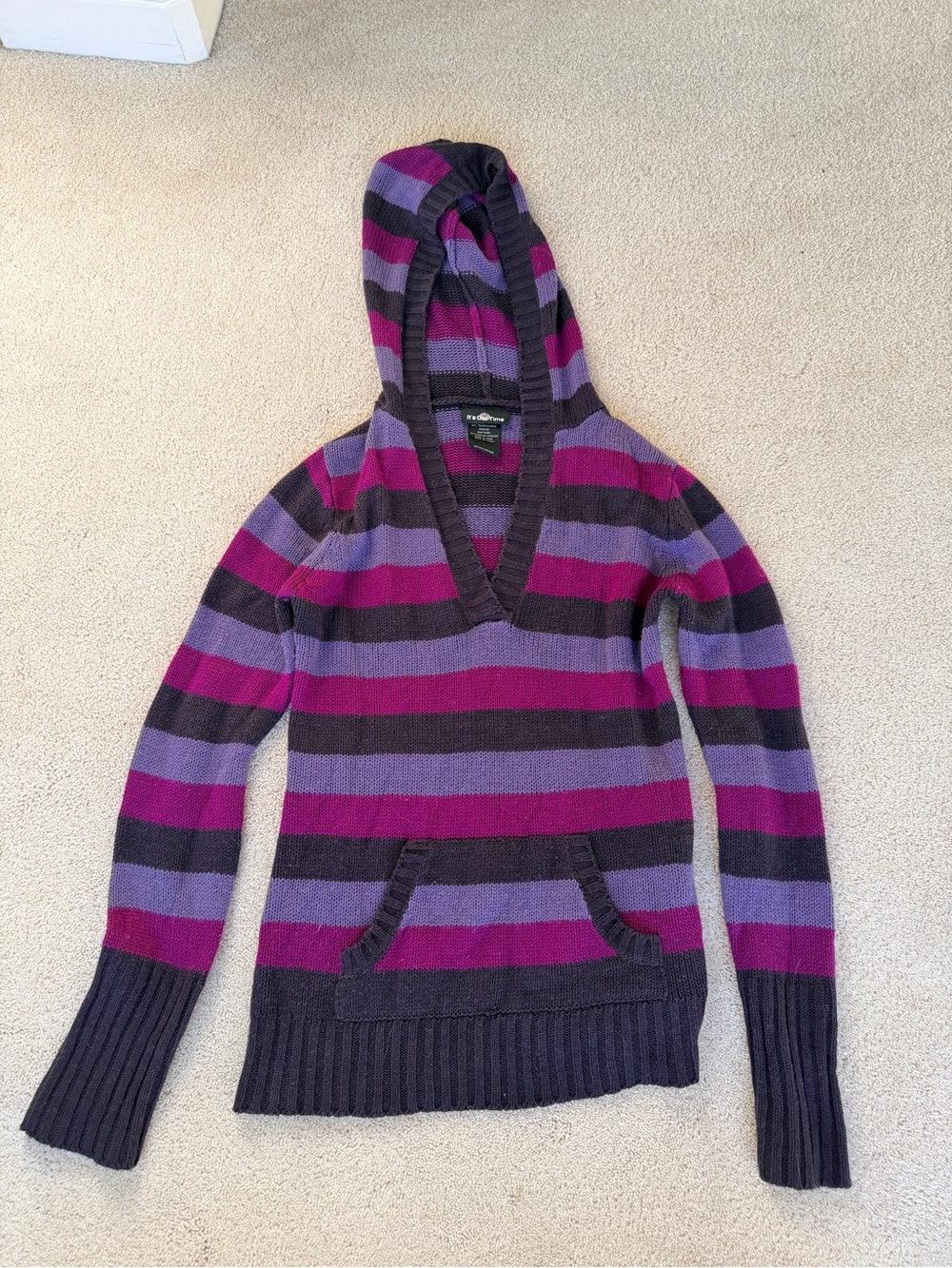 It's Our Time Striped V-Neck Hooded Sweater in Purple and Fuchsia